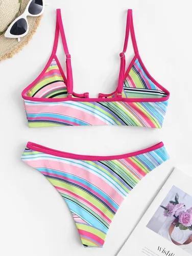 Vista 5 de ZAFUL Conjunto de bikini con alambre en V para mujer, traje de baño acanalado sexy de corte alto atrevido traje de baño de dos piezas