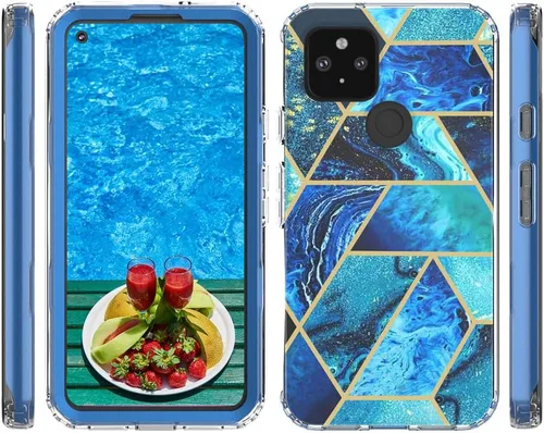 Vista 3 de Jeylly Funda para Google Pixel 5A (5G), diseño delgado de mármol, híbrido, absorción de impactos, TPU suave, policarbonato duro, con protector