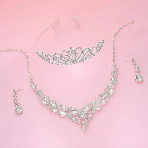 Vista 5 de Paxuan - Collar de plata con cristales de imitación para boda aretes brazalete corona tiara juegos de joyería para novias damas de honor vestidos
