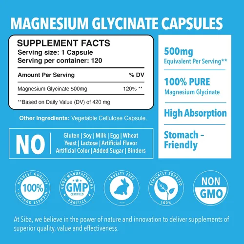 Vista 3 de SIBA Glicinato de magnesio 500 mg Suplemento de alta absorción para la recuperación muscular del sueño, función nerviosa, salud ósea, calma natural