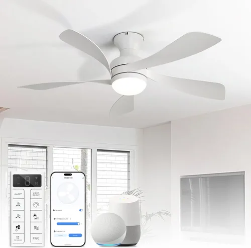 Vista 26 de Sofucor Ventilador de techo inteligente de perfil bajo de 52 pulgadas con luces y control remoto, ventilador de techo empotrado funciona con Blanco