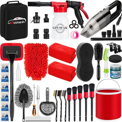 Vista 14 de 16Pcs Kit de Limpieza para Lavado de Auto con Pistola de Espuma, Cepillos de Detalle, Herramienta de Limpieza de Parabrisas, Cepillos para Llanta