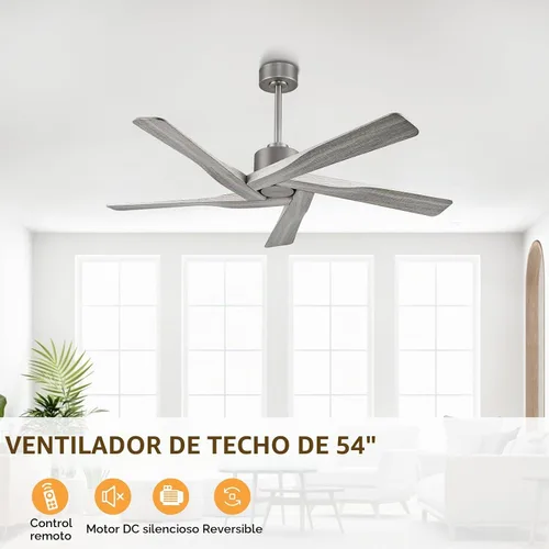 Vista 8 de WINGBO - Ventilador de techo de 54" de ABS con motor DC sin luz, ventilador de techo de 5 aspas con veta de madera de ABS con control remoto, motor