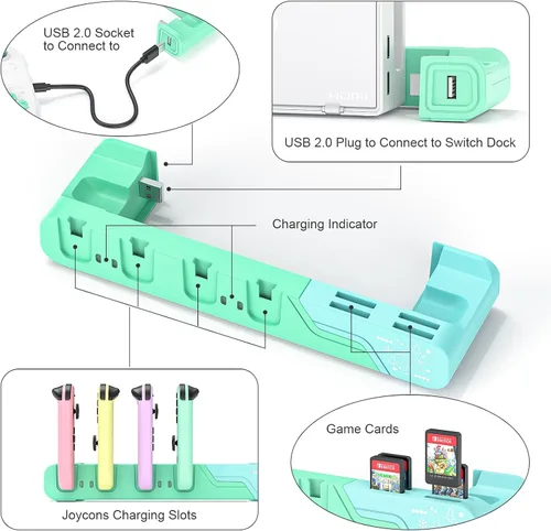 Vista 3 de Switch Controller Charging Dock - Animal Crossing & Switch OLED Model Joycons, Charges up to 6 Joycons with Game Card Storage Stand