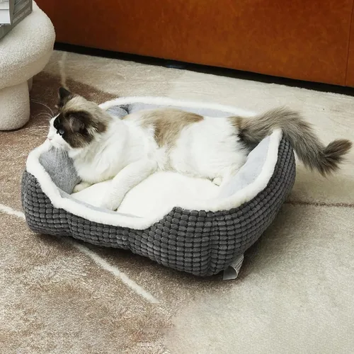 Vista 2 de Cama cuadrada de lujo para gatos y perros, suave, lavable, con parte inferior antideslizante y resistente al agua, perfecta para perros pequeños