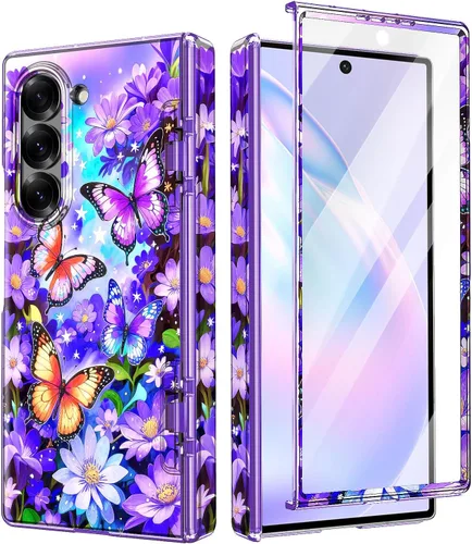 Vista 22 de Btscase Funda para Samsung Galaxy Z Fold 5, protector de pantalla frontal integrado, patrón de mármol dorado con purpurina de policarbonato duro