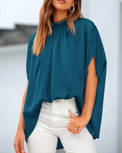 Vista 31 de BTFBM Blusas de verano para mujer, cuello alto falso, manga murciélago, holgadas, dobladillo alto y bajo, blusas informales de gran
