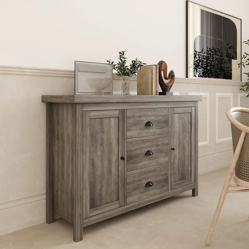 Vista 5 de Aparador de cocina con estructura de madera resistente, 3 cajones y 2 puertas con amplio espacio de almacenamiento en gris