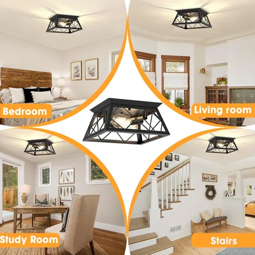 Vista 7 de FadimiKoo Lámpara de techo empotrada negra de 2 luces, lámpara de techo industrial para cocina de granja, lámpara de techo de jaula cuadrada