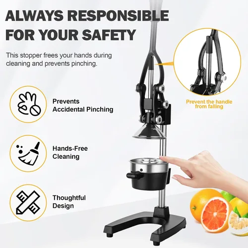 Vista 6 de Exprimidor manual de hierro fundido con cono de acero inoxidable, exprimidor de limón resistente para un máximo rendimiento de jugo y limpieza sin