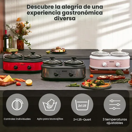 Vista 8 de KOOC Olla de cocción lenta doble pequeña, servidor de buffet y calentador, 2 ollas mini con 3 temperaturas ajustables individuales, ollas cerámicas