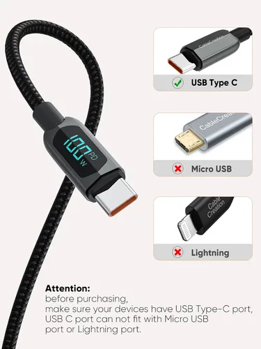 Vista 6 de CableCreation - Cable USB C a USB C de 3.3 pies PD de 100 W con pantalla LED trenzada