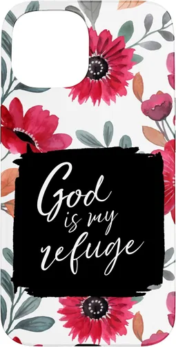 Vista 6 de God is My Refuge - Carcasa para iPhone 16, diseño de flores rojas con versículo bíblico del Salmo 91