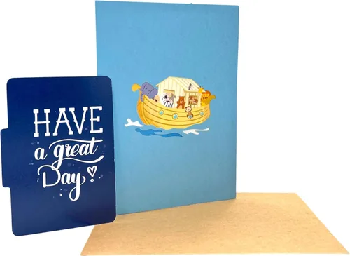 Vista 6 de Tarjeta de felicitación desplegable de animales de dibujos animados, barco, aventura, viaje, regalo para niños, cumpleaños, agradecimiento, familia