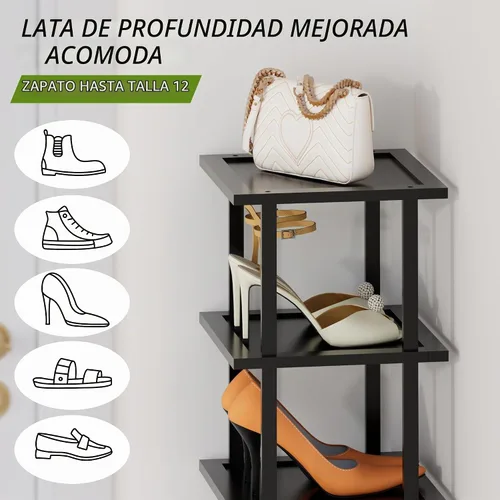 Vista 3 de Zapatero alto vertical para entrada, 7 niveles, delgado, estrecho, de madera de bambú, apilable, soporte de almacenamiento para botas, espacios Negro