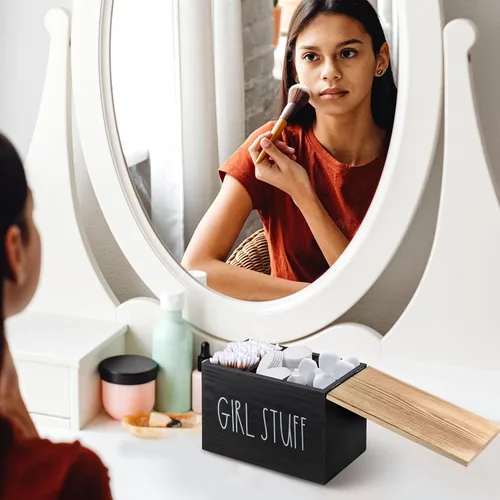 Vista 2 de Soporte para tampones para baño, organizador de almohadilla y tampón con tapa de bandeja, producto femenino de madera, organizador de almacenamiento