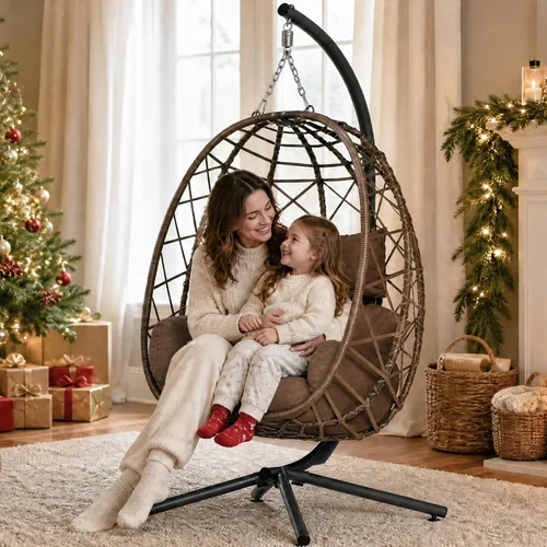Vista 9 de SWITTE Silla colgante con soporte para exteriores, columpio de mimbre para Marrón