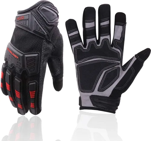 Vista 11 de HANDLANDY Guantes de trabajo para hombre, pantalla táctil, guantes de mecánico, ajuste flexible y transpirable, nudillos y palma acolchados
