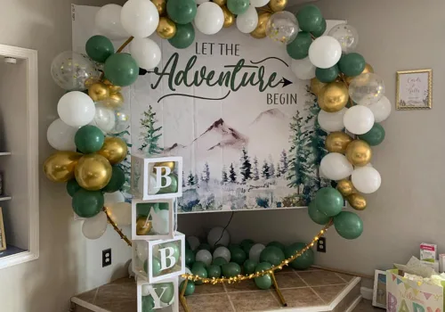 Vista 5 de Decoración de baby shower de bosque de 7 x 5 pies, telón de fondo de aventura espera telón de fondo Let The Adventure Begin Banner F73