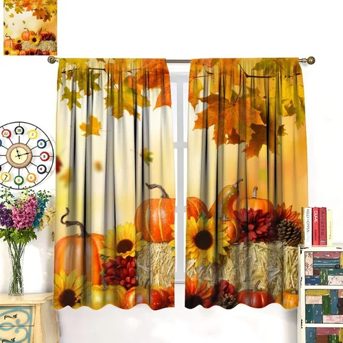 Vista 8 de Cortinas rústicas de calabazas de otoño, girasoles de otoño, cosecha de Acción de Gracias, granja, romántica, otoño, dormitorio, sala de estar