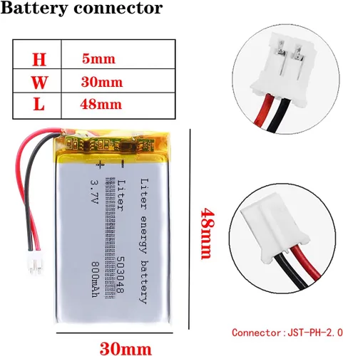 Vista 5 de Liter energybattery 3.7V Lipo Batería 800mAh Batería recargable de polímero de iones de litio 503048 con conector JST