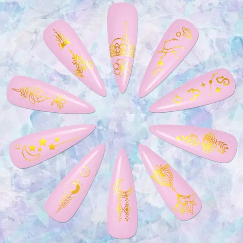 Vista 8 de KISSBUTY 24 calcomanías para arte de uñas de universo, flores doradas, estrellas, constelación de luna