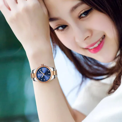 Vista 5 de Reloj mecánico automático de diamantes para mujer, acero inoxidable, zafiro impermeable, elegante reloj azul, Mecánico, cuerda automática