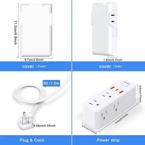 Vista 7 de Regleta protectora contra sobretensiones con cable de extensión plano, cubierta de tomacorriente, 6 salidas de CA