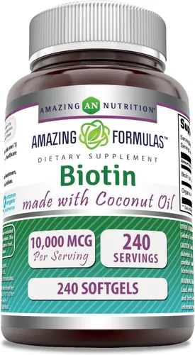Vista 4 de Amazing Formulas Biotina con suplemento de aceite de coco orgánico extra virgen, 10000 Mcg, cápsulas blandas, sin OMG, sin gluten, fabricado