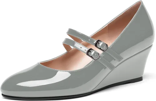 Vista 15 de SHOWFOREST Zapatos de tacón bajo con hebilla de punta redonda para mujer, con correa ajustable y correa ajustable, 2 pulgadas Beige