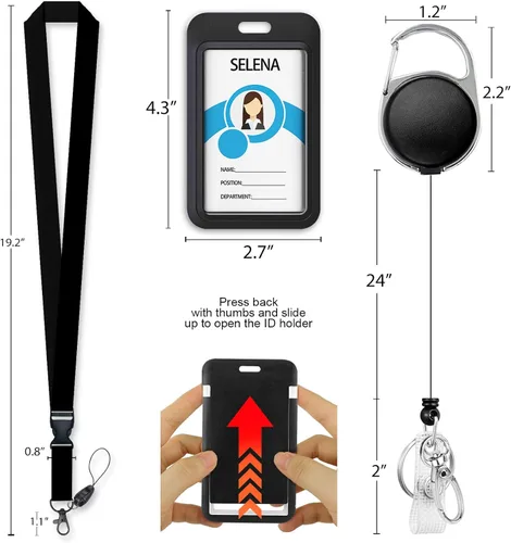Vista 5 de Cordones negros para insignias de identificación, soporte retráctil para insignias de trabajo, cordón con soporte para tarjeta de crucero, llavero