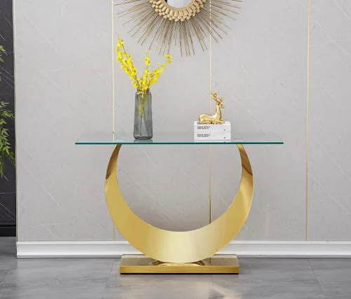 Vista 14 de SSLine Mesa consola moderna de lujo, mesa rectangular de cristal para entrada de pasillo, sala de estar, almacenamiento de 2 niveles, diseño