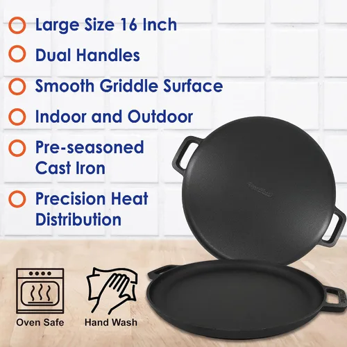 Vista 4 de Sartén de Pizza Redonda/Plancha de Hierro Fundido de 16 Pulgadas por StarBlue con Asas de Silicona GRATIS y Libro Electrónico de 30 Recetas – Comal