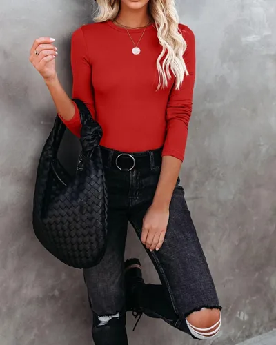 Vista 4 de VICHYIE Ropa de otoño para mujer, cuello redondo, acanalada, manga larga, ajustada, camiseta básica casual