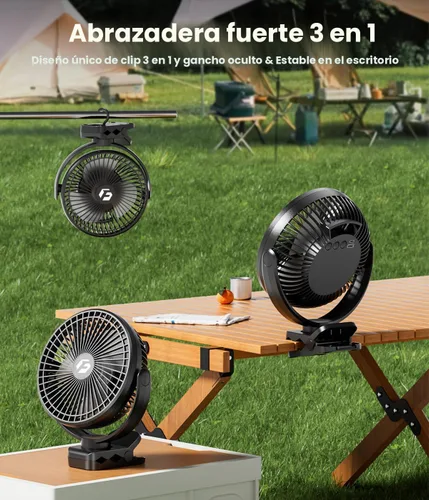 Vista 3 de Korbot Ventilador de clip de 8 pulgadas, batería portátil de 20000 mAh recargable con 3 velocidades y fuerte flujo de aire, ventilador USB