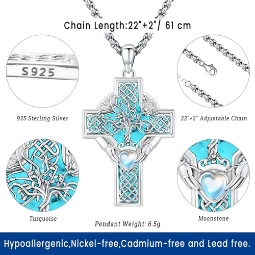 Vista 43 de Joyas de turquesa para mujeres y hombres de plata de ley 925 con colgante de urna para cenizas, collar con medallón de imagen, martillo de Thor