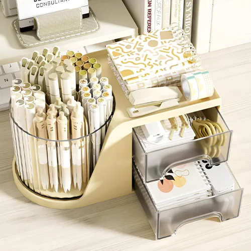 Vista 3 de Soporte de rotación para bolígrafos para escritorio, lindo recipiente para lápices, organizador de escritorio y accesorios para niñas, niños, Beige
