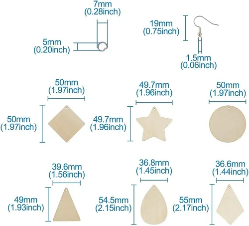 Vista 2 de Mega Pet Juego de 60 colgantes de madera en blanco sin acabar, triángulo, rombo, lágrima, estrella, forma redonda, plana, kit de bricolaje