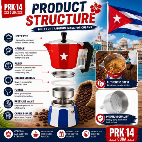Vista 2 de PRK 14 Cafetera cubana Greca Pot de aluminio con diseño de bandera de Cuba Cafetera de café tradicional para café cubano auténtico, 6 tazas