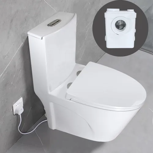 Vista 9 de WinZo Inodoro rectangular con salida trasera con bomba maceradora de 450 W, sistema de descarga ascendente para baño de sótano, cuenco cuadrado