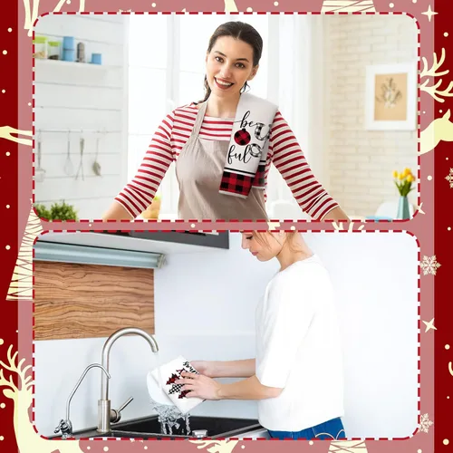 Vista 2 de Bencailor Juego de Cocina Navideño de 6 Piezas Toallas de Cocina con Árbol de Navidad Guantes de Horno y Agarraderas Juego de Paños de Cocina