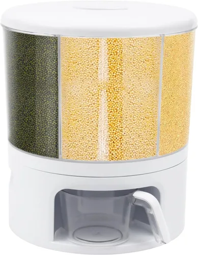 Vista 9 de Dispensador de alimentos secos de almacenamiento de arroz de 6 rejillas, dispensador de granos con taza medidora, dispensador de arroz de 22 libras