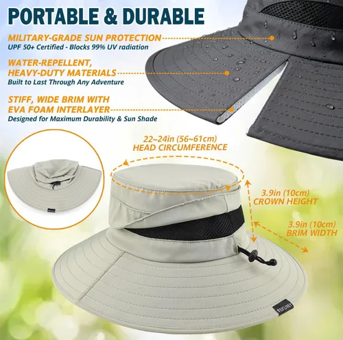 Vista 6 de Sombrero Boonie de ala ancha impermeable UPF 50+ para hombre, protección contra el sol y la lluvia Beige