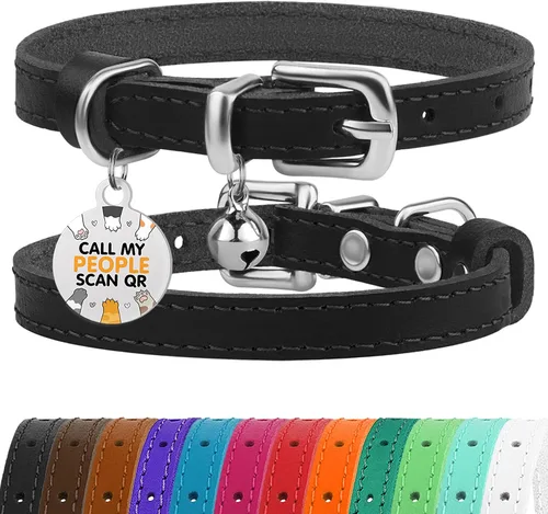Vista 23 de BRONZEDOG Collar de cuero para gato con campanas extraíbles sin liberación rápida, etiqueta QR para gatito para niña y niño