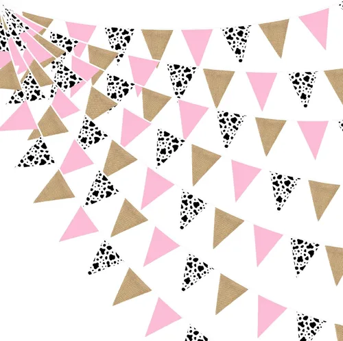 Vista 8 de Decoraciones de fiesta de vaquera de 32 pies con estampado de vaca rosa intenso, bandera triangular, banderines de tela, banderines para vaqueras