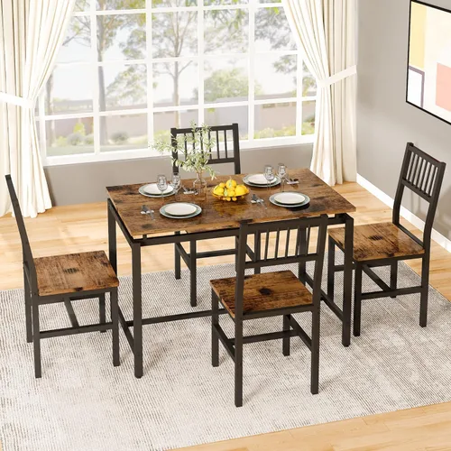 Vista 4 de AWQM Juego de mesa de comedor de 47.2 pulgadas para 4, mesa industrial con 4 sillas curvas, juego de mesa de cocina rectangular de 5 piezas