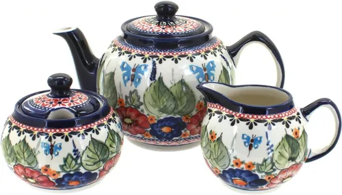 Vista 7 de Juego de té pequeño de tres piezas de pavo real de cerámica polaca de rosa azul