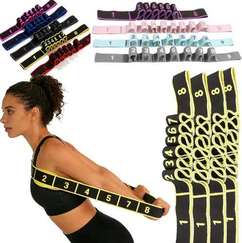 Vista 21 de Banda de resistencia de fitness para estiramiento y yoga, banda de resistencia de yoga ajustable de 8 segmentos con asas para brazos, ejercicio