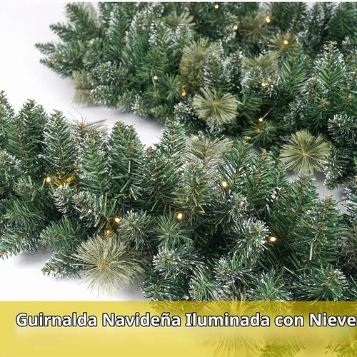 Vista 6 de Guirnalda de Navidad Preiluminada de 9 Pies con 50 Luces LED, Guirnalda de Navidad Estilo Nieve, Decoración Navideña a Batería para Repisa