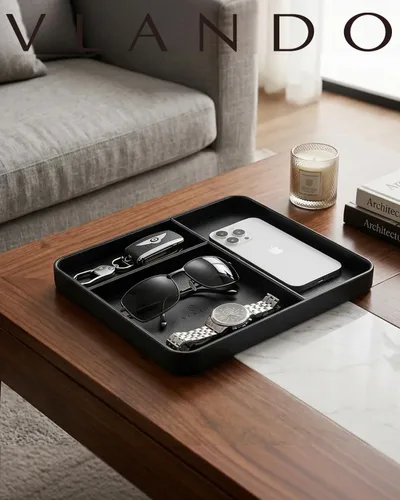 Vista 8 de VLANDO Valet Tray, PU Leather Nightstand Organizer with Divider Black
